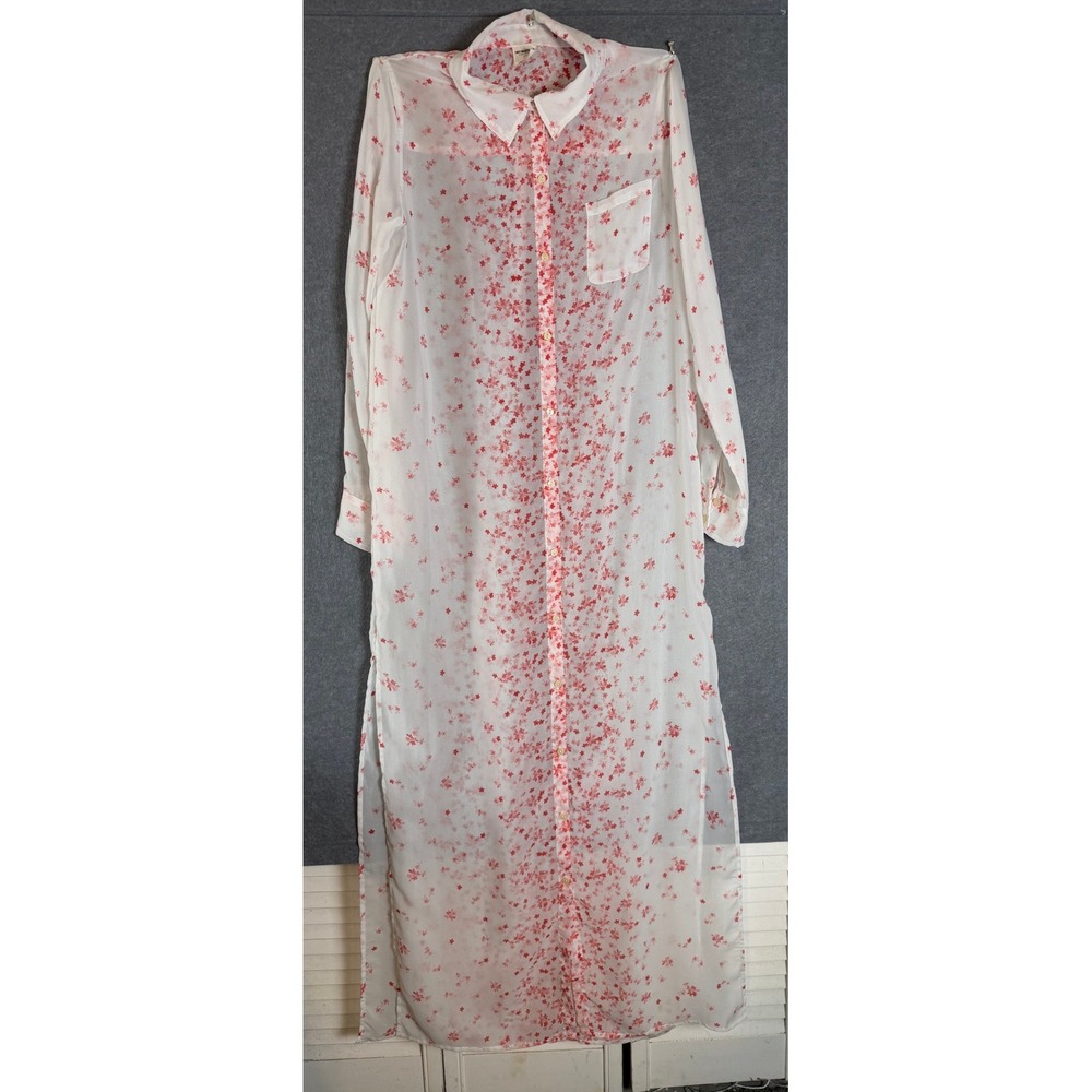 Fairy Romance Cardigan Dress Small White Red Floral Sheer Button Front Boho Maxi